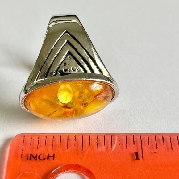 Vintage Honey Amber Cocktail Ring Size 8 Yellow Simulated Acrylic Silver Plated - Picture 9 of 11